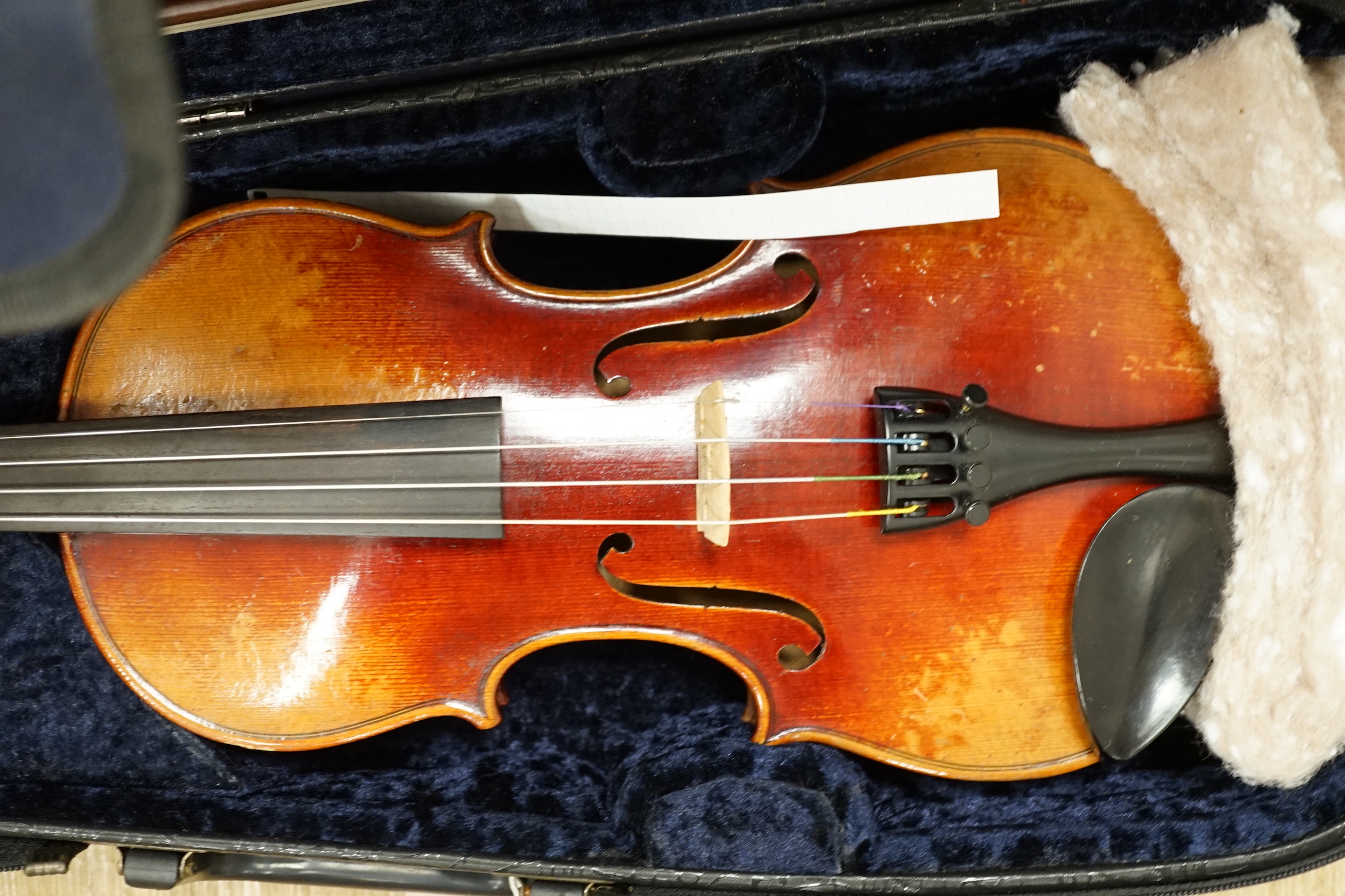 A cased fine French half size violin, Mirecourt, length of body 31.5cm with a bow and case, CITES Submission reference SLU5G6CY